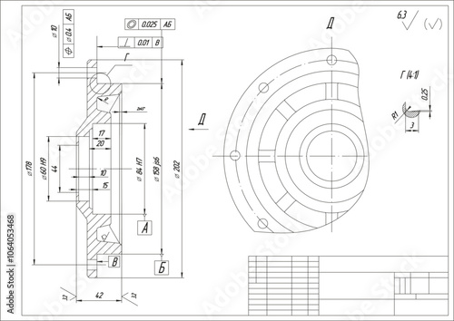 Assembly drawing of cap of electrical reducer.
Vector design of steel mechanical device with dimension lines.
Engineering technic cad scheme on white
paper sheet. Hand drawn pencil sketch.