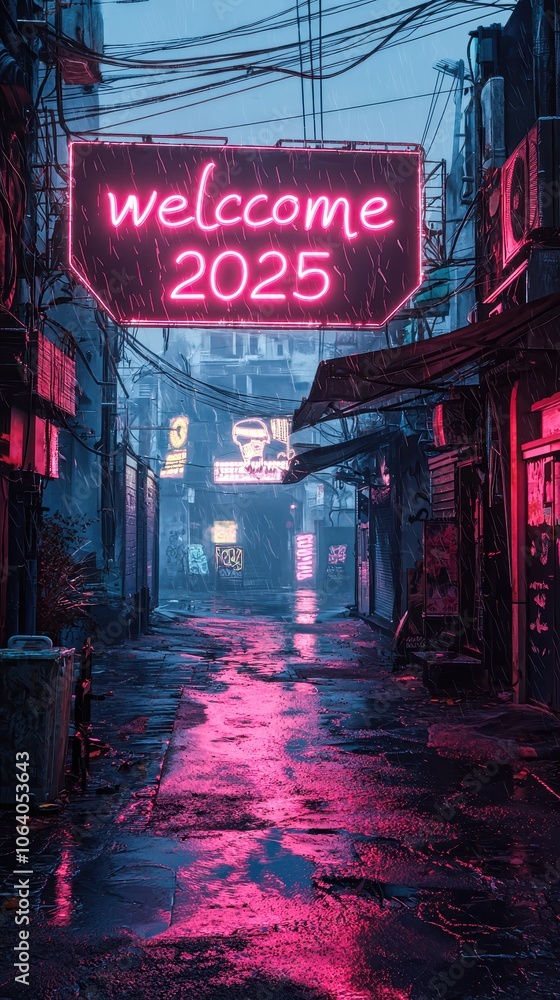 Rainy backstreet welcoming 2025 with neon sign in cyberpunk city Rainy backstreet welcoming 2025 with neon sign in cyberpunk city