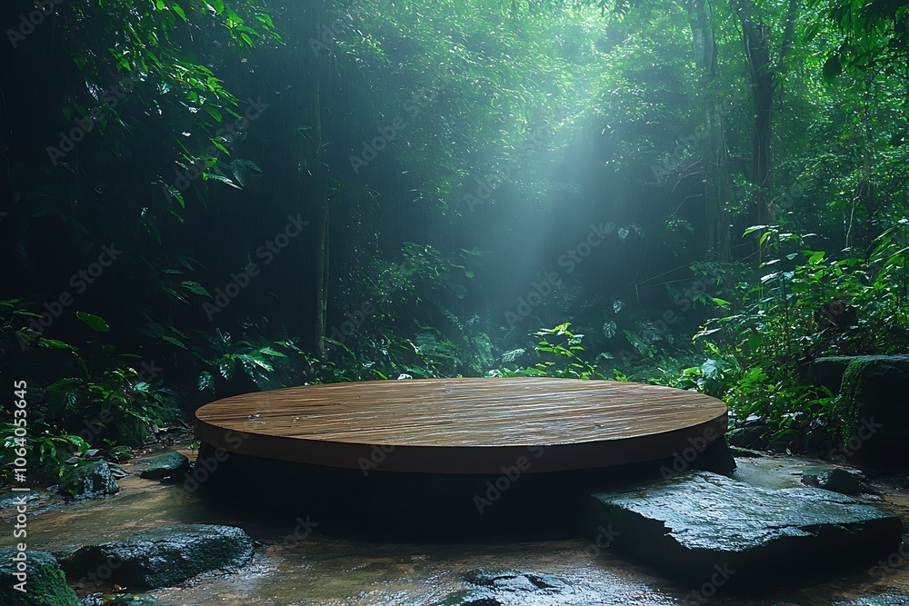 A wooden platform in a mystical forest illuminated by sun rays. A wooden platform in a mystical forest illuminated by sun rays.