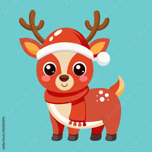 Cute reindeer in festive mood wearing Santa hat and scarf on blue background for holiday greeting