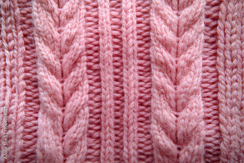 Close-up of a pink knitted fabric with textured patterns and a braid pattern