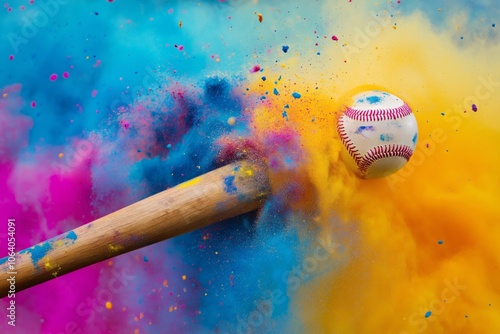 Baseball bat and ball in motion with vibrant colored powder explosion on dynamic blue and orange background. Sports and energy concept photo