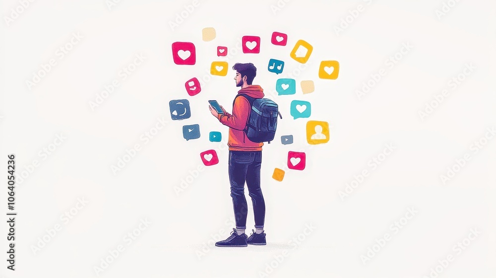 Student using social media app, surrounded by colorful icons, on white background Student using social media app, surrounded by colorful icons, on white background