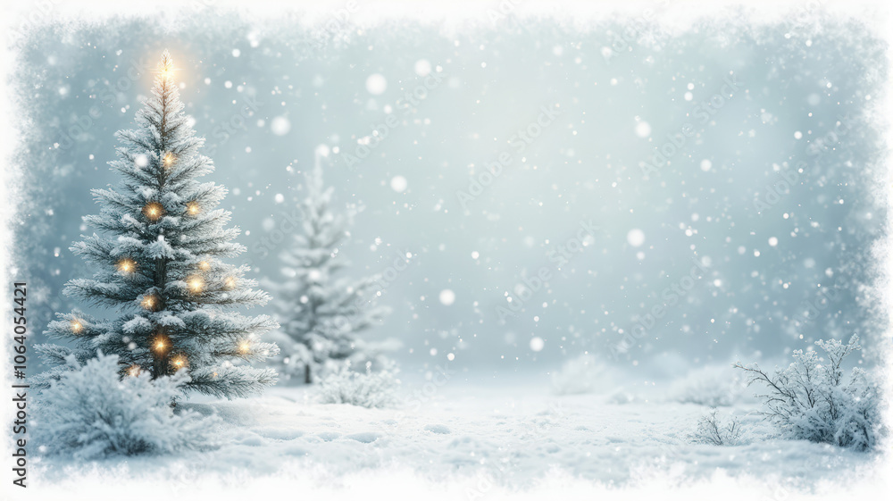 Snowy Winter Landscape with Decorated Evergreen Trees Illuminated by Soft Lights on a Calm Evening, Capturing the Serene Holiday Spirit Amidst Snowfall, Christmas Beauty, and Festive Tranquility Snowy Winter Landscape with Decorated Evergreen Trees Illuminated by Soft Lights on a Calm Evening, Capturing the Serene Holiday Spirit Amidst Snowfall, Christmas Beauty, and Festive Tranquility