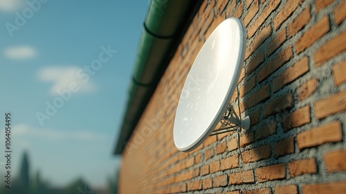 Satellite dish mounted on a brick wall with green eaves under a clear blue sky creates a modern architectural detail