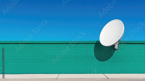 A white satellite dish protruding from a vibrant green brick wall under a bright blue sky at midday