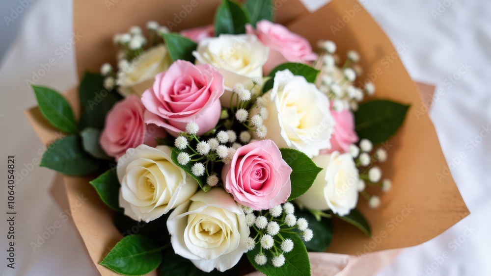 Elegant ramo de rosas with pink and white roses, baby’s breath, and eucalyptus in kraft paper wrap