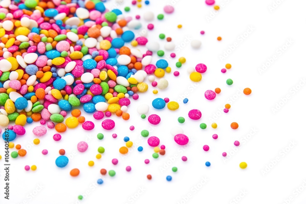 Vibrant colorful candy scattered on white background. Various shapes and sizes in red, blue, and yellow shades. Close-up of sweets with random arrangement, creating depth and perspective. Vibrant colorful candy scattered on white background. Various shapes and sizes in red, blue, and yellow shades. Close-up of sweets with random arrangement, creating depth and perspective.