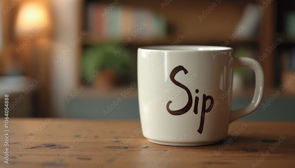Macro photograph of a mug with Sip printed on Macro photograph of a mug with Sip printed on