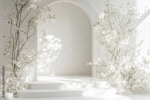 Elegant Arch and Podium Photoshoot Backdrop: Floral-Stemmed Archway Corner Design for Wedding, Maternity, and Portrait Photography