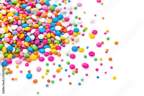 Vibrant colorful candy scattered on white background. Various shapes and sizes in red, blue, and yellow shades. Close-up of sweets with random arrangement, creating depth and perspective.