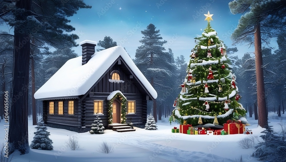 Naklejka premium A Christmas-perfect winter fairy-tale landscape, far away in the wild forest of Scandinavia, snow-covered house, Snowy Christmas scene, festive, holiday concept created with generative ai