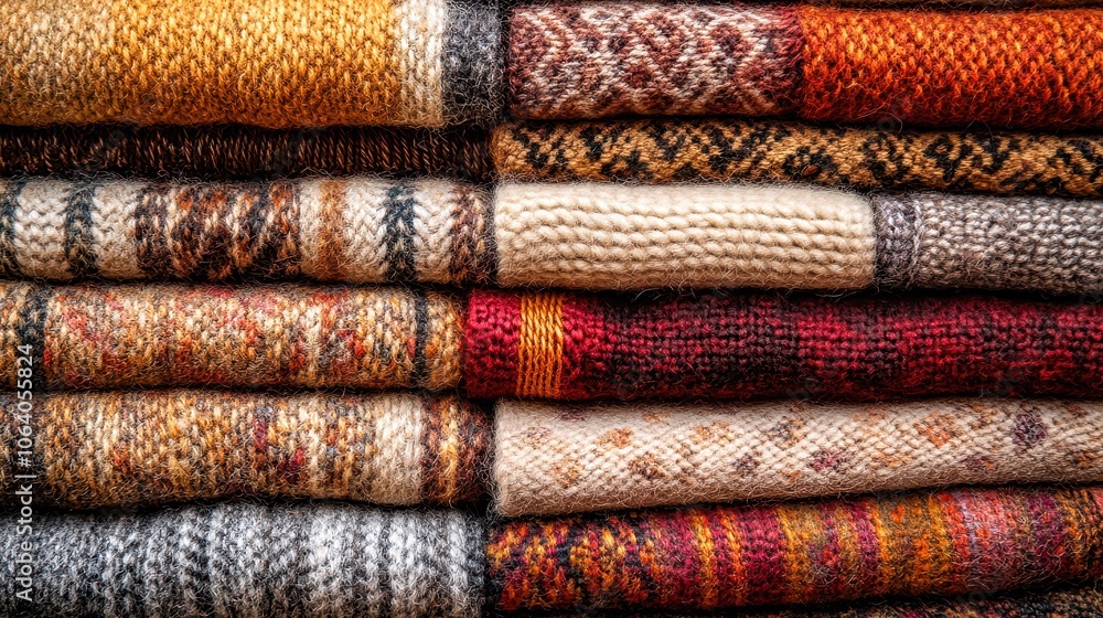 Stack of folded knitted fabric showing different colors and patterns Stack of folded knitted fabric showing different colors and patterns