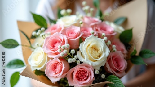 A beautiful ramo de rosas featuring pink and white roses, baby’s breath, and eucalyptus in kraft paper wrap