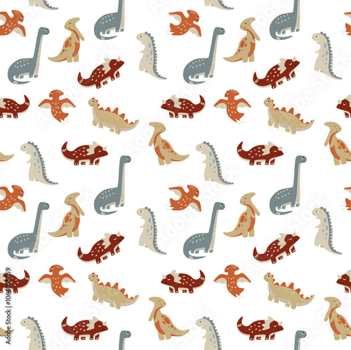 Cute childish seamless pattern with different types of dinosaurs on white background