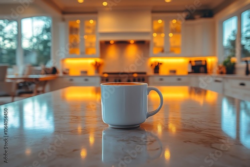 A white mug on a marble countertop in a warm and inviting kitchen.