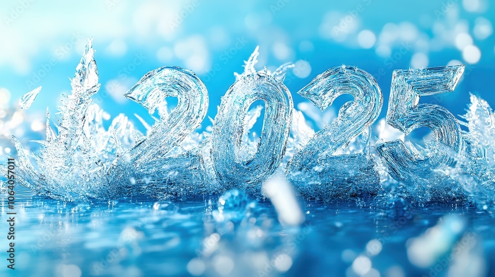 Icy 2025 sign symbolizing upcoming new year with falling snowflakes Icy 2025 sign symbolizing upcoming new year with falling snowflakes