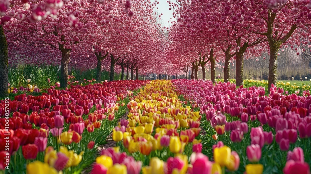 custom made wallpaper toronto digitalA scenic pathway lined with vibrant pink cherry blossom trees and colorful tulips.