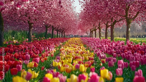 Wallpaper Mural A scenic pathway lined with vibrant pink cherry blossom trees and colorful tulips. Torontodigital.ca