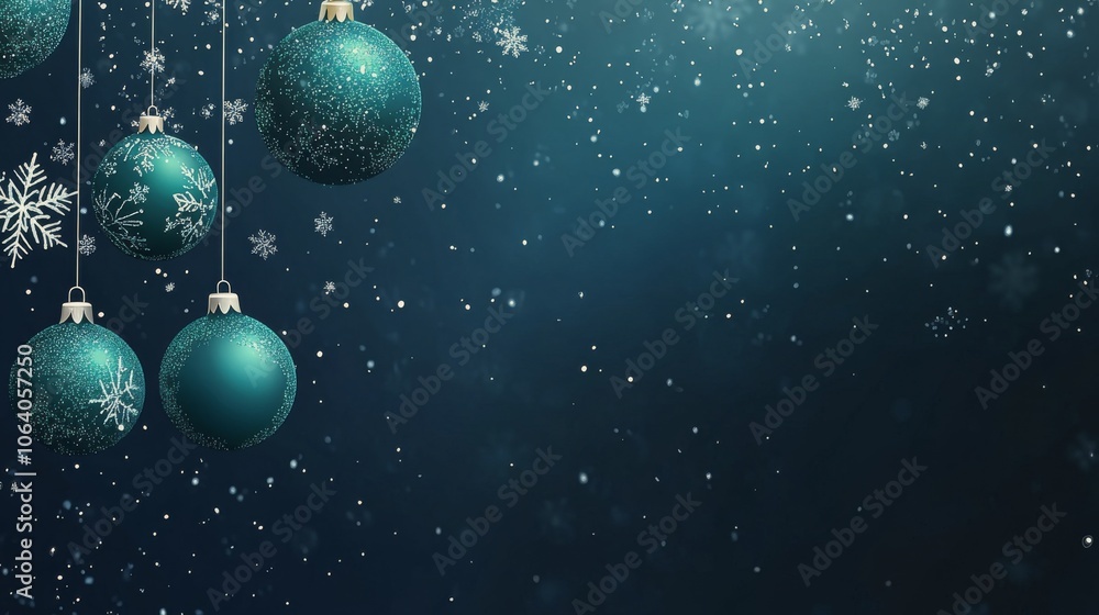 Elegant teal and silver Christmas decorations on a dark background with pine branches and snowflakes Elegant teal and silver Christmas decorations on a dark background with pine branches and snowflakes