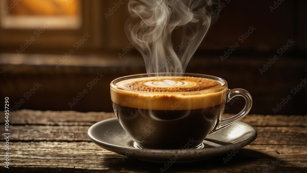 Steaming fragrant coffee in a glass cup on a rough wooden table. A refreshing drink to take a break from work Steaming fragrant coffee in a glass cup on a rough wooden table. A refreshing drink to take a break from work