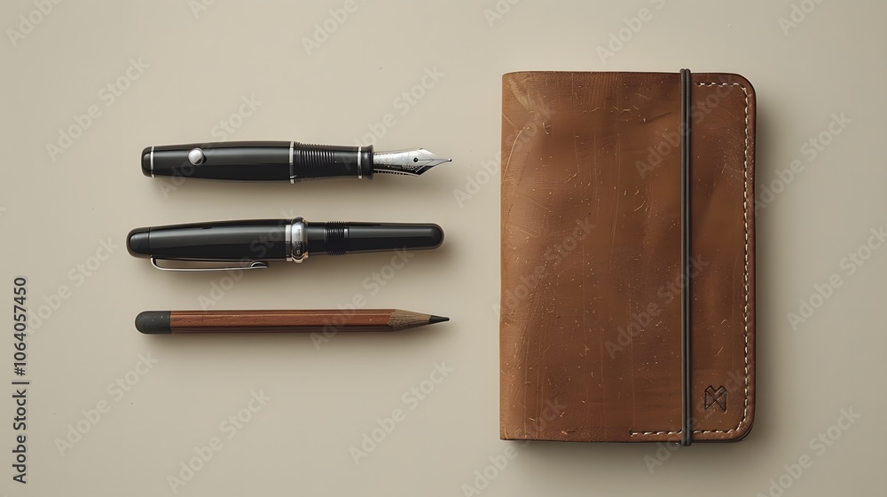 Minimalist Workspace Essentials with Leather Notebook, Fountain Pen, Ballpoint Pen, and Pencil on Neutral Background – Vintage Writing Tools and Stationery for Professionals Minimalist Workspace Essentials with Leather Notebook, Fountain Pen, Ballpoint Pen, and Pencil on Neutral Background – Vintage Writing Tools and Stationery for Professionals