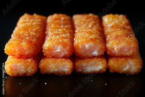 Crispy golden brown fish sticks on a black background. photo