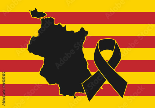 Mapa negro de Valencia con lazo de luto en bandera de barras rojas y amarilla