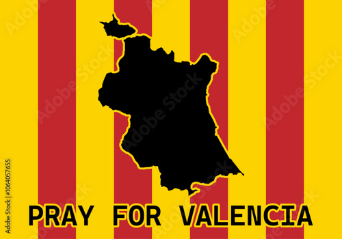 Bandera de barras roja y amarilla con mapa de Valencia y texto de amen por valencia por el desastre natural de la DANA