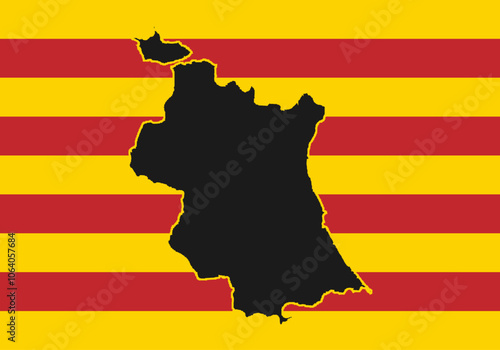 Mapa negro de Valencia (España) sobre bandera de barras rojas y amarillas