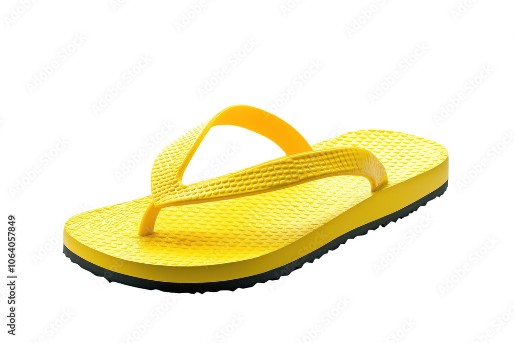 Yellow flip-flop shoe isolated on alpha background. Black sole, strap extend from top to ankle. Single shoe design, rubber material, beachwear style, casual footwear, summer essentials, foot comfort. Yellow flip-flop shoe isolated on alpha background. Black sole, strap extend from top to ankle. Single shoe design, rubber material, beachwear style, casual footwear, summer essentials, foot comfort.