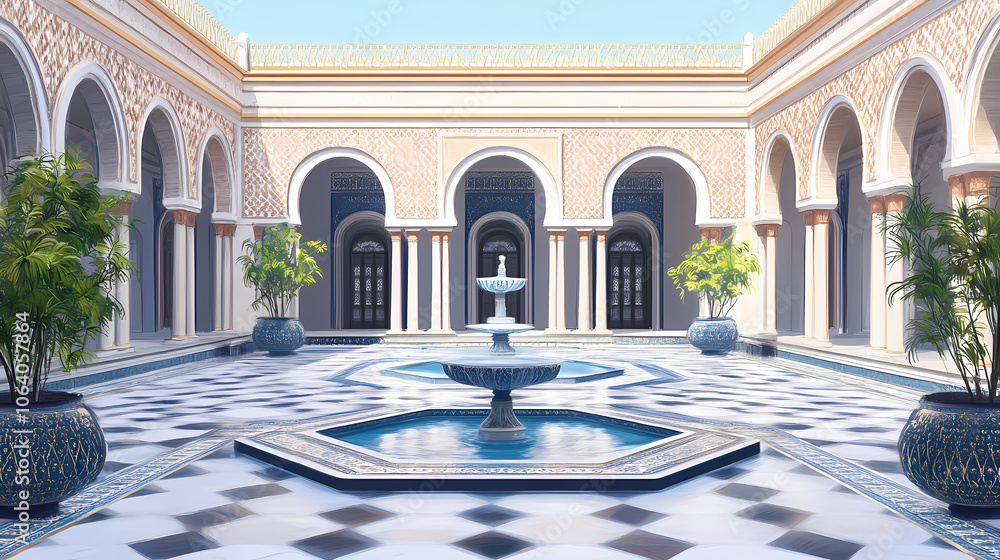 Obraz premium Opulent marble courtyard with ornate arches and flowing fountain in historic palace. Arabic Courtyard Fountain. Illustration