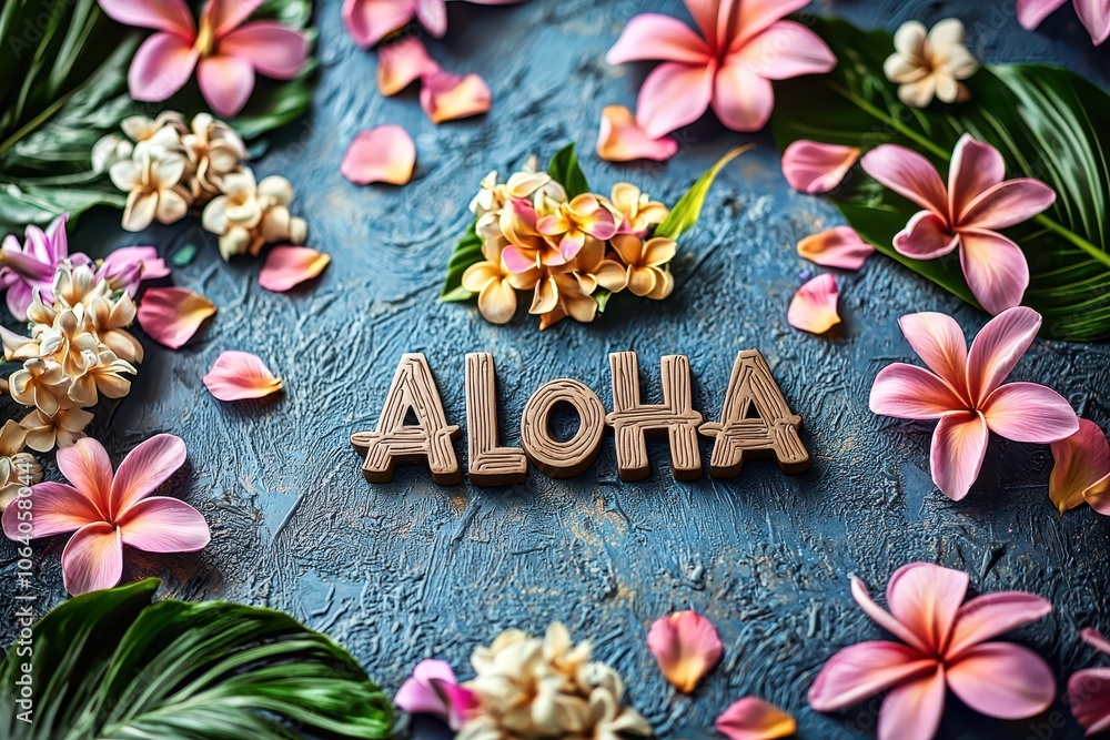 Aloha sign surrounded by colorful tropical flowers on rustic blue wood Aloha sign surrounded by colorful tropical flowers on rustic blue wood