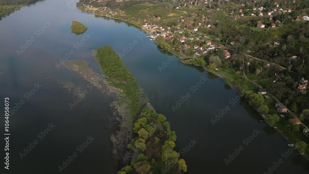 Aerial view of river Danube with small island and fisherman's boat Aerial view of river Danube with small island and fisherman's boat