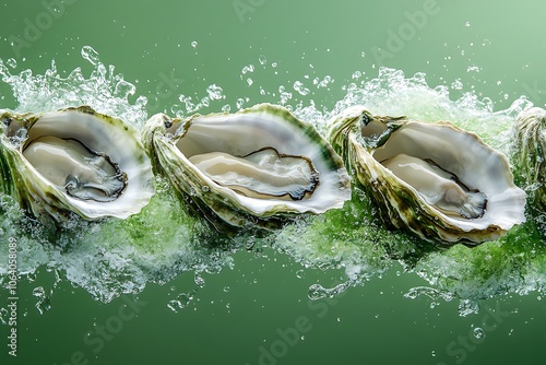 Fresh oysters in a splash of water on a green background
