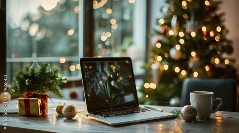 A Festive Home Office adorned with Christmas Decorations creating a Warm and Cozy Atmosphere to enjoy working in A Festive Home Office adorned with Christmas Decorations creating a Warm and Cozy Atmosphere to enjoy working in