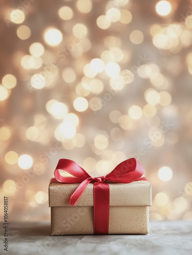 A Christmas gift box with a red ribbon against a bokeh background. A Christmas present for a New Year celebration and holiday gift