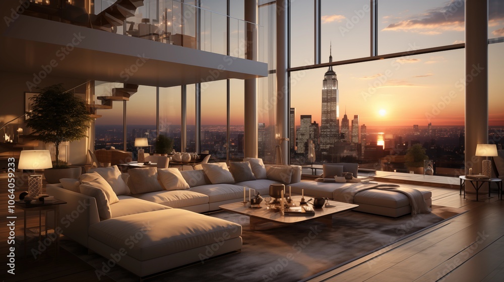 Modern penthouse living room with floor-to-ceiling windows, providing ample natural light and scenic city views. Modern penthouse living room with floor-to-ceiling windows, providing ample natural light and scenic city views.