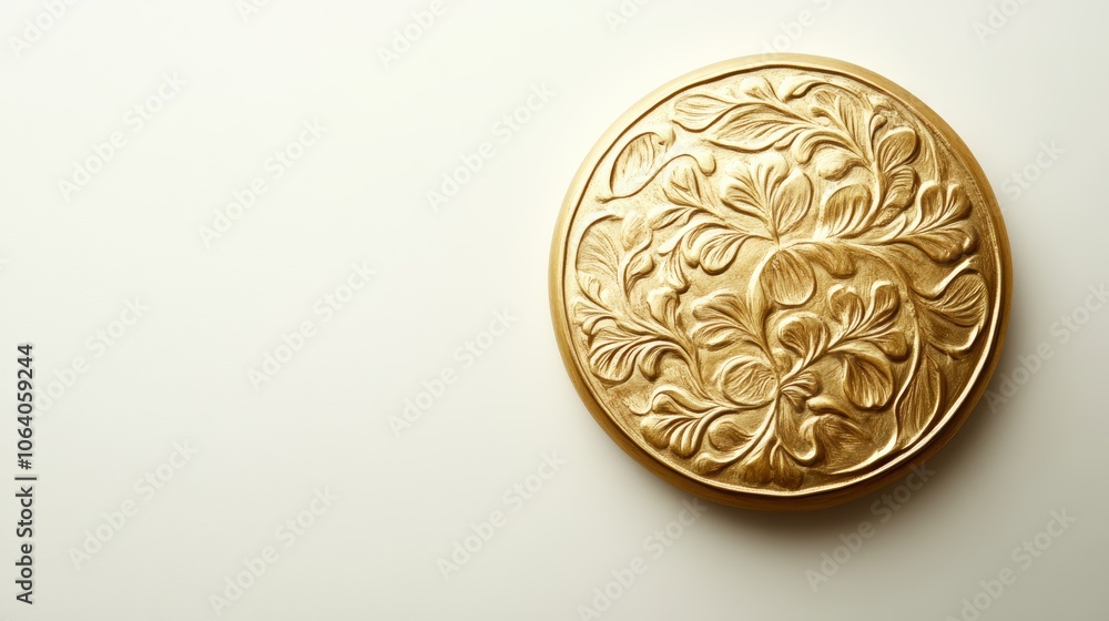 An elegant gold medal, isolated against a soft white background, adorned with intricate details and a subtle sheen, symbolizing achievement An elegant gold medal, isolated against a soft white background, adorned with intricate details and a subtle sheen, symbolizing achievement