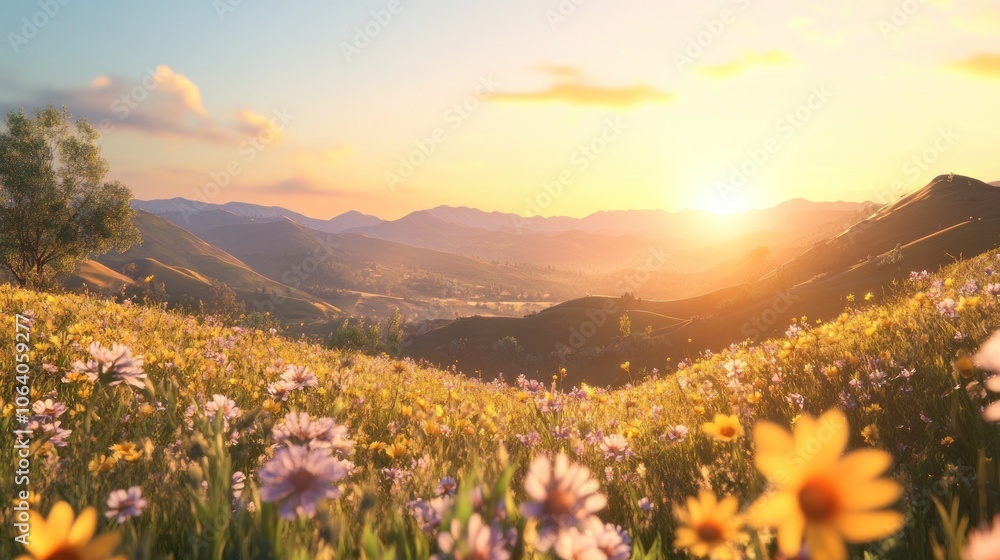 Obraz premium A breathtaking sunrise over a field of wildflowers in the mountains.