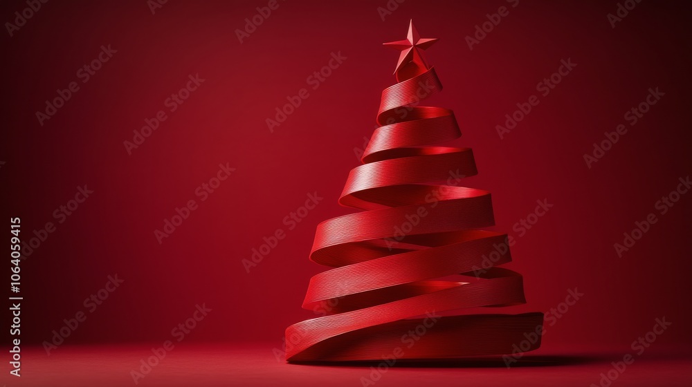 Red ribbon Christmas tree decoration on a solid red background for holiday celebrations Red ribbon Christmas tree decoration on a solid red background for holiday celebrations