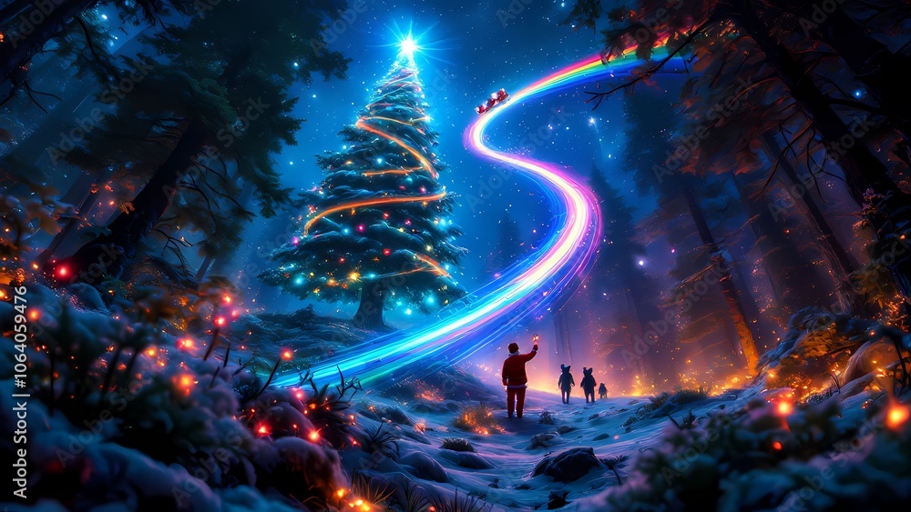 Colorful Christmas Tree with Santa Claus and a Rainbow Trail in a Snowy Forest Colorful Christmas Tree with Santa Claus and a Rainbow Trail in a Snowy Forest