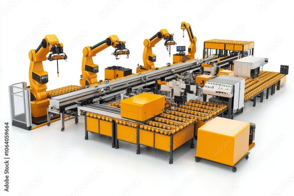 Robotic assembly line in a modern factory. This image showcases efficient automation technology. It highlights productivity and innovation in industrial processes. Generative AI Robotic assembly line in a modern factory. This image showcases efficient automation technology. It highlights productivity and innovation in industrial processes. Generative AI