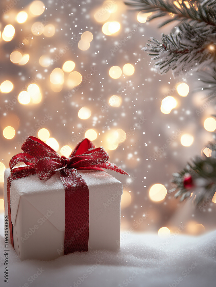 A Christmas gift box with a red ribbon against a bokeh background. A Christmas present for a New Year celebration and holiday gift A Christmas gift box with a red ribbon against a bokeh background. A Christmas present for a New Year celebration and holiday gift