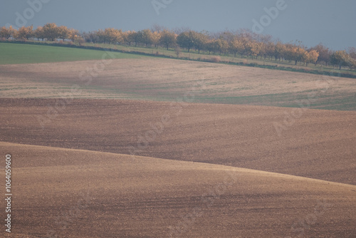 Stunning undulating arable agricultural landscape, photographed in autumn in south Moravia in the Czech Republic. The area is known as Moravian Tuscany and is full of rolling hills used for farming. photo