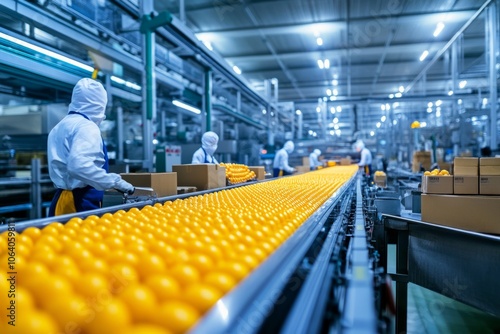 Bright orange fruits roll along a conveyor belt in a modern factory. Workers in white suits carefully pack them. A glimpse of industry and freshness awaits. Generative AI