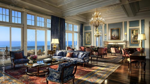 Wallpaper Mural A spacious living room with a view of the ocean from large windows Torontodigital.ca