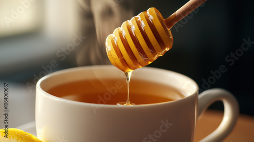 A warm cup of hot spiced tea with honey and a dash of lemon photo