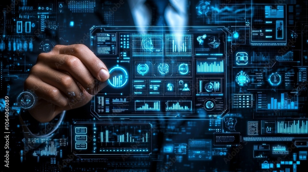 Business professional engages with luminous holographic interface to analyze data trends and metrics in a modern workspace Business professional engages with luminous holographic interface to analyze data trends and metrics in a modern workspace