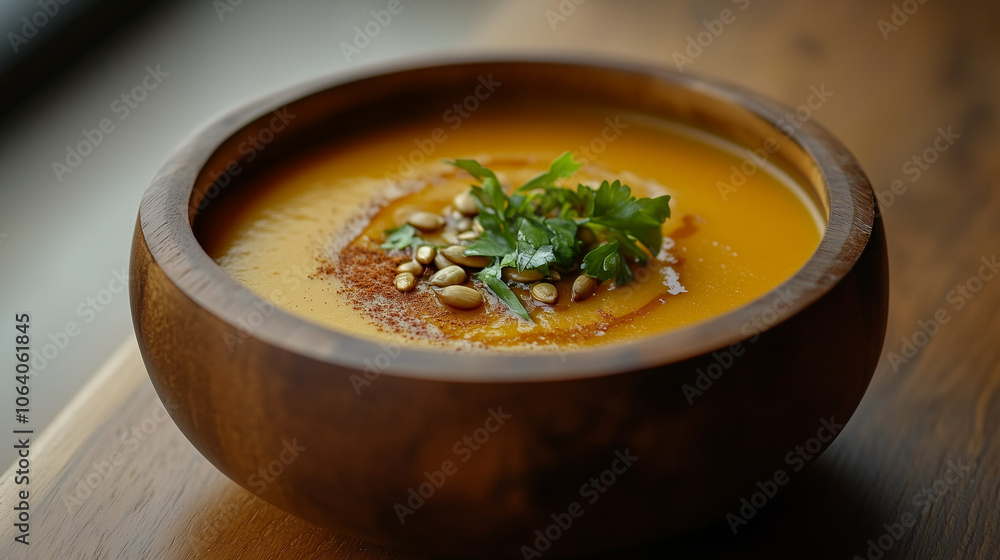 Delicious bowl of creamy pumpkin soup garnished with seeds and herbs, served in a wooden bowl for a cozy meal Delicious bowl of creamy pumpkin soup garnished with seeds and herbs, served in a wooden bowl for a cozy meal
